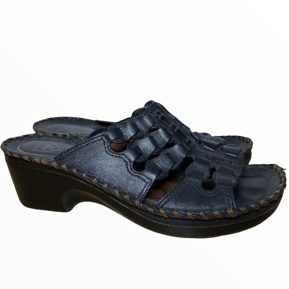 Ariat Daytona Leather Sandals Wedge Heel Whipstitch Open Toe Slip On Black 6.5